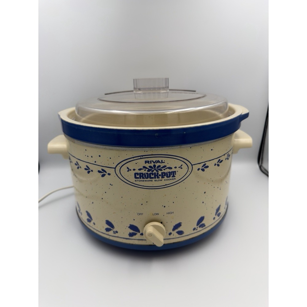 Vintage Rival 5 Quart Crock Pot Slow Cooker Removable Blue Stoneware With Lid
